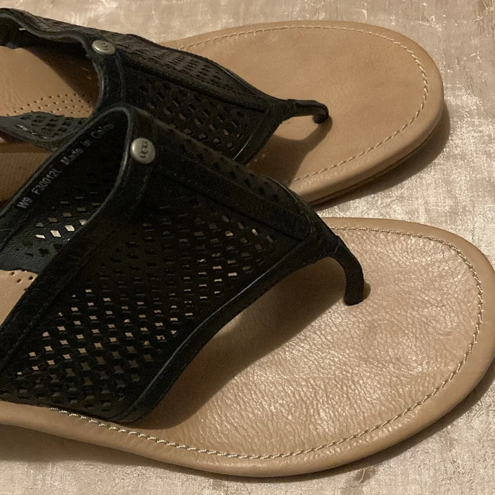 UGG Solena Black Leather Perforated Wedge Thong Sandals